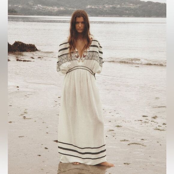 Zara Dresses & Skirts - Zara White Maxi Dress with Black Embroidered Stripes